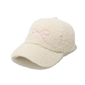 Detailed view of plush beige teddy fleece fabric with pink bow embroidery on the cap - M (56-58cm) / Off White