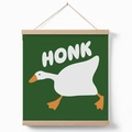 Minimalist wooden scroll wall art featuring a white duck with HONK text on green canvas - YY-6 (HONK-Green Background)