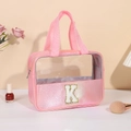 Borsa da toilette olografica rosa con toppa K, parte superiore trasparente e glitter - Lettera K / Pesca