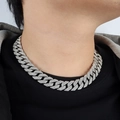 Men's 15mm silver rhombus full diamond Cuban link necklace worn by a male model - 45cm (18 Inch) / Silver