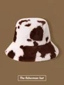 Thick plush bear ear bucket hat with stylish brown and white cow print pattern - Cow Print Bucket Hat - Coffee