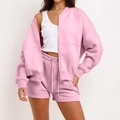 Women's pink two-piece casual lounge set with zip-up jacket and drawstring shorts - S / Pink