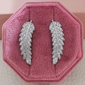 Macro shot of silver leaf earrings with pavé zircons in a pink velvet jewelry box - Feather / Silver