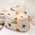 Trousse à maquillage en peluche crème à pois colorés et breloques tournesol - Sac Carré à Main à Pois