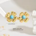 Gold flower-shaped stainless steel earrings with turquoise center and wavy edges - Floral Turquoise Earring (FYD6180-turquoise)
