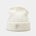 Detail of a beige knit beanie showing the ribbed texture and letter P embroidery - White