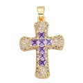 Detailed macro of a gold-plated cross pendant with purple zircon and white crystal pave - Gold Cross-Purple Square Gem-Micro Pave White Zirconia