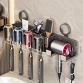 Gunmetal wall-mounted bathroom organizer with 4 cups and a hair dryer holder - 4-Person · Colored Cup