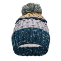 Détail de la maille épaisse, doublure polaire et pompon tricolore du bonnet d'hiver - Bleu Royal et Gris Clair