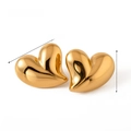 Detailed view of large 3D heart stud earrings in polished gold with measurements - Stud Earrings / Gold Heart Stud Earrings (JDE2306066)