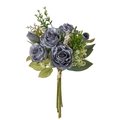 Artificial gray rose bouquet with green leaves and white accent flowers on white background - Similar to First Image Grey