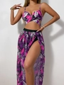 Detail of pink tropical leaf print bikini top and high-slit long mesh beach skirt - Rose Red