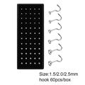 Detail view of 60pcs silver stainless steel hook nose studs in a professional display box - Hook Bar (1.5-2.5mm) / 60pcs/box / Silver Bar + White Zircon
