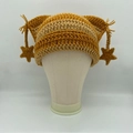 Handmade striped crochet cat ear beanie with star charms in yellow and brown - Orange Stripes