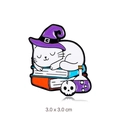 Cartoon white magic cat enamel pin with wizard hat and spell books measuring 3x3 cm - Alchemy Cat