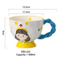 Ceramic mug with hand-painted girl relief, blue woven handle, and yellow base - Elf Girl - Blue Handle