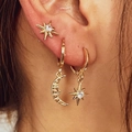 Three-piece set of golden star and moon hoop earrings with sparkling zircon stones - Gold Star Moon Octagonal Star Earring 3-Piece Set (8107)