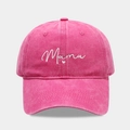 Detailed close-up of Mama and heart embroidery on a rose pink washed cotton baseball cap - Adjustable / MAMA / Rose Red