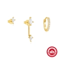 Golden S925 sterling silver earring set with white zircon stones and petal motifs - 3-Piece Set - Geometric Zirconia