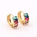 Chic gold hoop earrings with multi-colored rectangular crystals on a white background - Colorful Zirconia