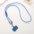 Detail of blue woven phone lanyard with adjustable black buckle and silver metal hook - Crossbody / Blue