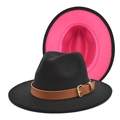 Detail of wide brim fedora hat with black exterior, pink interior, and leather belt buckle - M(56-58cm) / Black and Rose Red