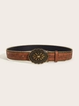 Ceinture punk à rivets marron avec gaufrage floral et grande boucle en métal - 103CM / 1527# Bouton-pression en bronze antique (cuir gaufré) Perles latérales en bronze