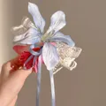 Handmade light blue mesh flower hair clip with long satin ribbons and lace details - Lace Flower Ribbon