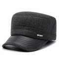 Winter flat top cadet hat for elderly men in dark grey wool blend with black PU leather brim - Adjustable / Light Gray