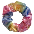 Macro shot of shimmering rainbow laser fabric hair scrunchie with metallic gold foil finish - Pale Rainbow