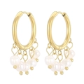 Elegant gold titanium steel hoop earrings with round white pearl pendants on white background - Gold Hoop 5-Pearl Drop Style (KE106215-WGJD)