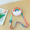 Pink silicone round kids crossbody bag with rainbow cloud design and donut strap - Pink Rainbow