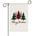 Detail of Christmas garden flag with plaid trees and Merry Christmas text on linen - Style 10