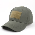 Close-up of olive tactical baseball cap with ripstop fabric and front velcro patch area - Adjustable / Army Green