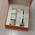 Coffret montre rectangulaire dorée bracelet cuir blanc et jonc d'amour doré - Style 7 (Sans boîte)