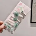Five-piece hair clip set with resin roses, pearls, and floral designs in mint green - #4#5229 Green
