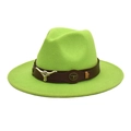 Detail of wide brim lime green wool hat with brown leather belt and silver bull skull - M (56-58cm) / Fruit Green
