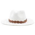 Sombrero fedora clásico de paja blanca con banda de cuero marrón para protección solar - M (56-58cm) / Blanco