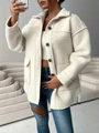 Women's cream teddy fleece jacket with lapel collar and buttons in casual winter style - S / Off White
