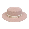 Pink straw boater hat featuring elegant pearl and gold chain decorative band - Artificial Pearl Gold Chain Style (299E)