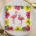 Square party napkin with flamingo and hibiscus print on white wavy plate with gold cutlery - Flamingo & Hibiscus (1018)