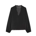 Schwarze V-Ausschnitt Bluse für Damen mit Rüschen und transparenten Ärmeln - XS / Schwarz