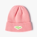 Pink knitted beanie hat featuring letter jacquard label and vertical ribbed texture - Pink