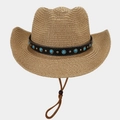 Classic wide brim straw cowboy hat with turquoise beads and adjustable chin cord - Khaki