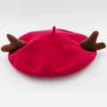 Cute red wool felt beret hat featuring 3D brown reindeer antlers for women and girls - M (56-58cm) / Red/Elk Horns