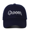 Detailed embroidery of white Groom text on a dark blue cotton twill baseball cap - Groom (GROOM) / Navy Blue