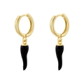 Detailed macro view of gold hoop earrings featuring black enamel chili pepper pendants - Black