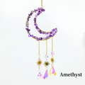 Golden moon suncatcher with purple amethyst crystals and iridescent teardrop prisms - Amethyst Moon Stone Wind Chime