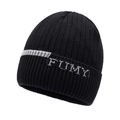 Zwarte gebreide muts voor heren met FLMY-logo en grijze streep op de omgeslagen rand - Eén maat / Zwart
