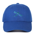 Detail of dragonfly embroidery on a bright blue cotton baseball cap with curved brim - Sapphire Blue